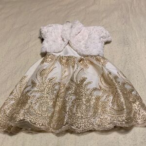 Elegant White and Gold Dress with Lace Overlay